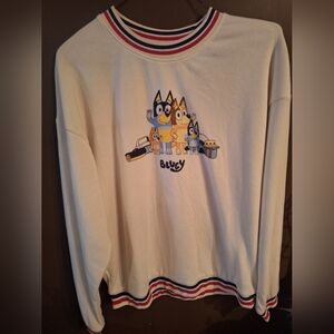 Bluey Cartoon Family Crewneck Sweatshirt - Cream with Navy & Red Trim